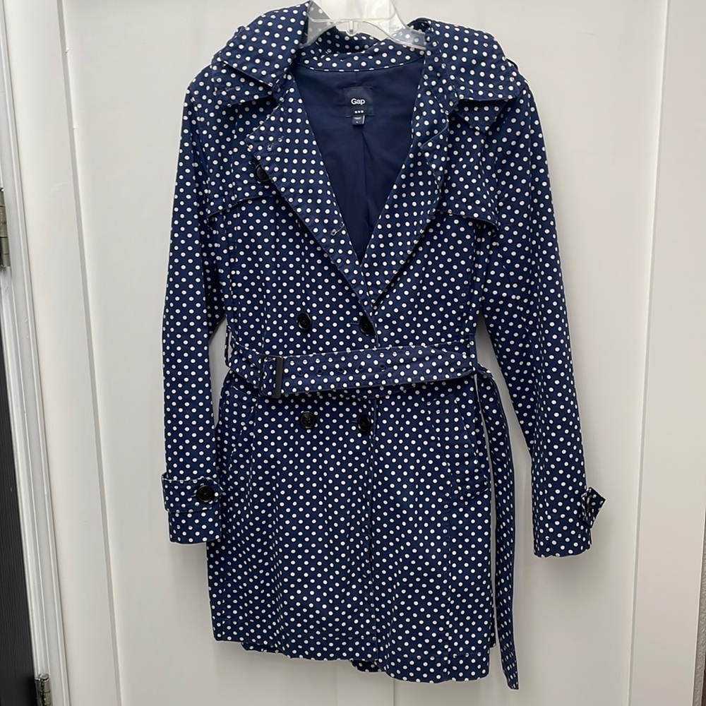 Gap Women's Coat Large Polka Dot 100% Cotton Blue Hooded